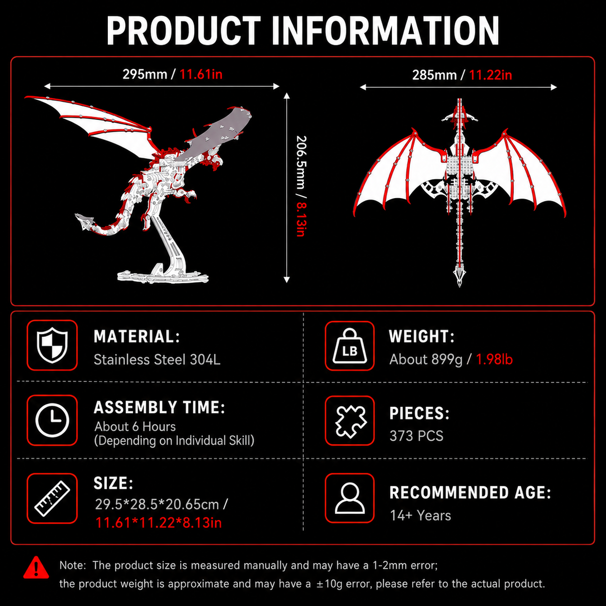 Dimensions of Thunderwing Pterosaur metal model kit with display stand