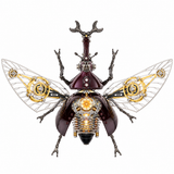 A steampunk beetle sculpture featuring a glossy dark purple body, intricate gold and silver mechanical gears, and large clear wings with gold mechanical details, set against a plain white background.