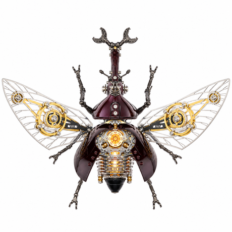A steampunk beetle sculpture featuring a glossy dark purple body, intricate gold and silver mechanical gears, and large clear wings with gold mechanical details, set against a plain white background.