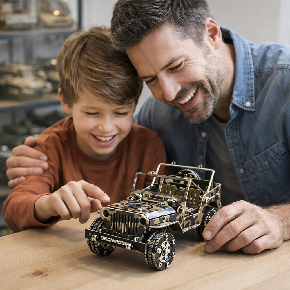 father and son building metal jeep model kit together