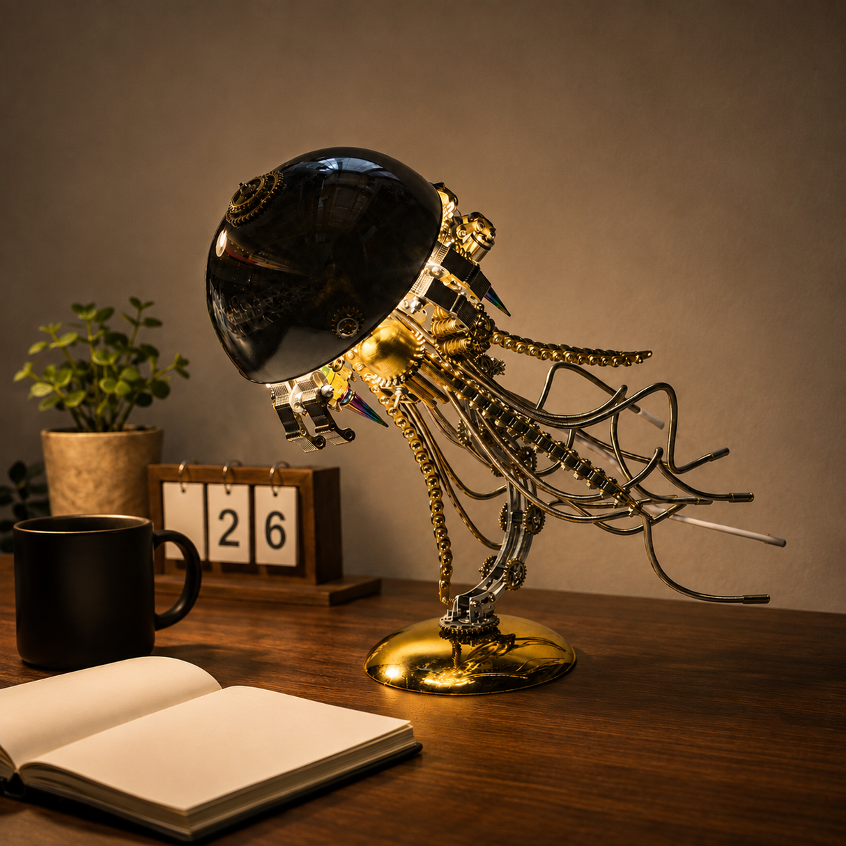 Mechanical jellyfish model displayed as metal art on a wooden desk