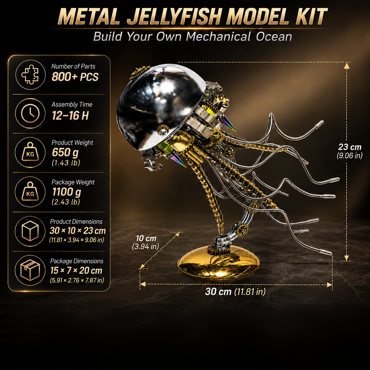 Mechanical jellyfish metal model kit dimensions and product specifications