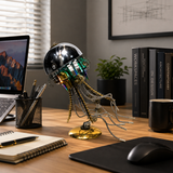 Mechanical jellyfish metal model with LED lighting displayed on an office desk