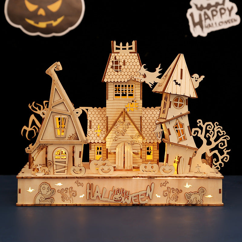 147PCS 3D Wooden DIY Halloween Pumpkin House Model Kit with Lights