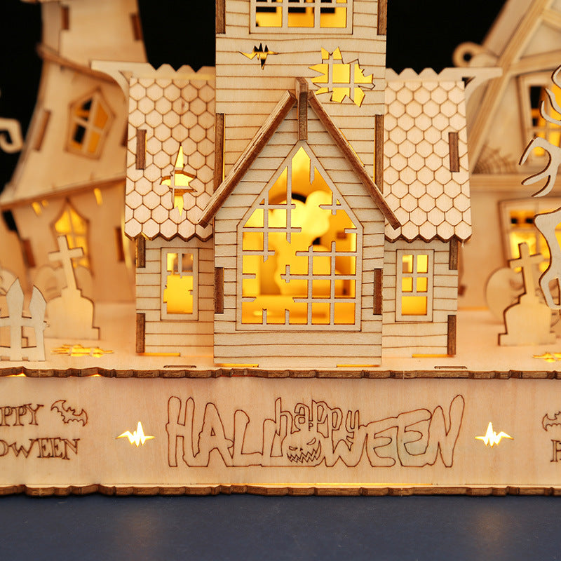 147PCS 3D Wooden DIY Halloween Pumpkin House Model Kit with Lights