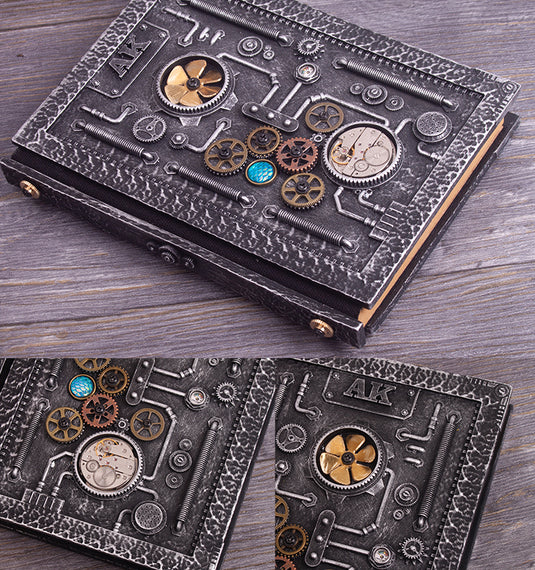 Cuaderno de estilo steampunk en relieve con caja de regalo