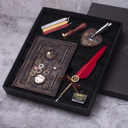 Load image into Gallery viewer, Steampunk Notebook Hardcover Notebook Feather Pen Kit and DIY Seal with Gift Box
