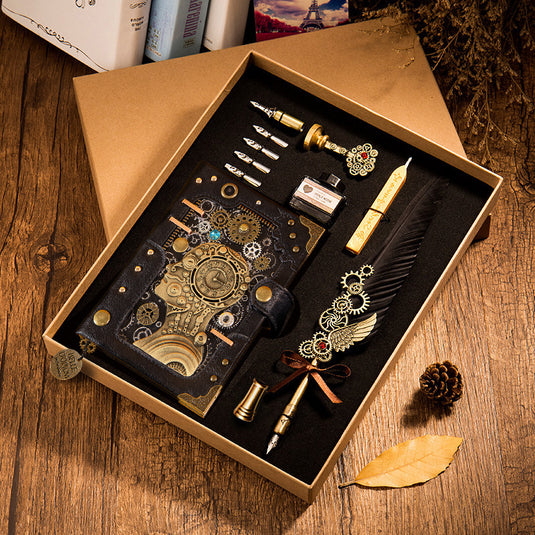 Kit de pluma de cuaderno de cuaderno de cuaderno steampunk y sello con caja de regalo