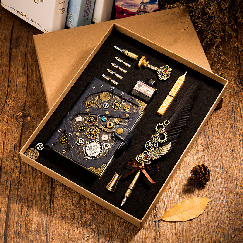 Load image into Gallery viewer, Steampunk Notebook Hardcover Notebook Feather Pen Kit and Seal with Gift Box
