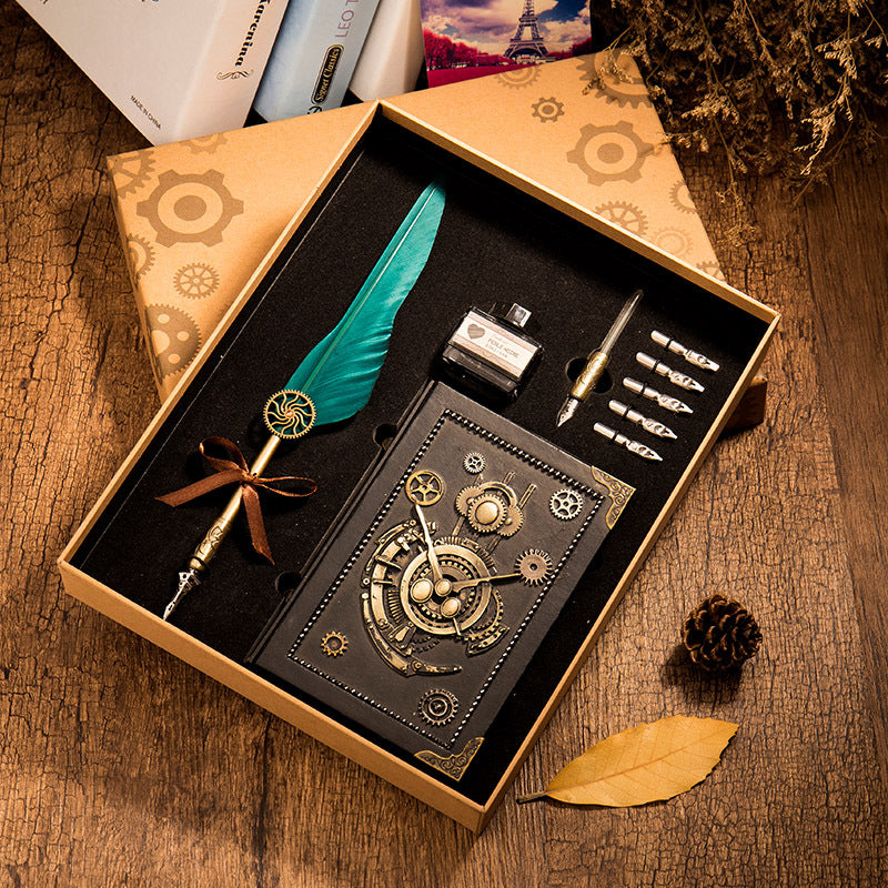 Load image into Gallery viewer, Steampunk Notebook Hardcover Notebook Feather Pen Kit with Gift Box

