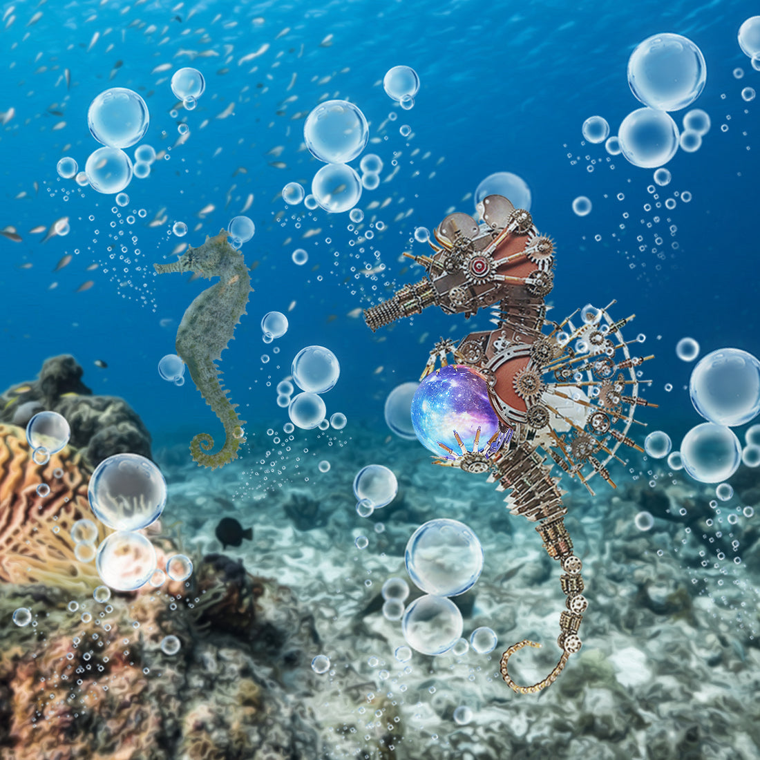 2100PCS Steampunk Seahorse Puzzle 3D DIY Model Kit with Planet Lights