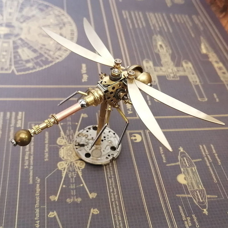 Laad de afbeelding in galerijviewer, Golden 3D metaal mechanische Steampunk Dragonfly Insects -model met willekeurige basis
